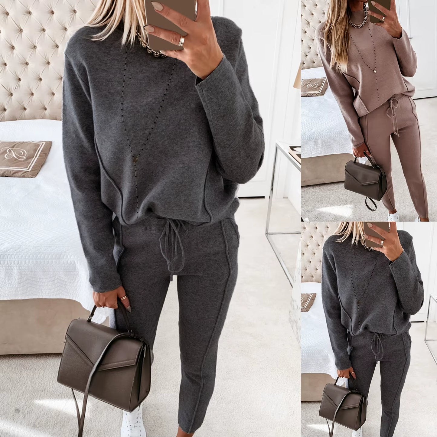 Women'S Tracksuit Two Pieces Autumn Fashion Solid Casual Long Sleeve Pullover Outfits High Waist Bandage Pants Oversized Hoodies