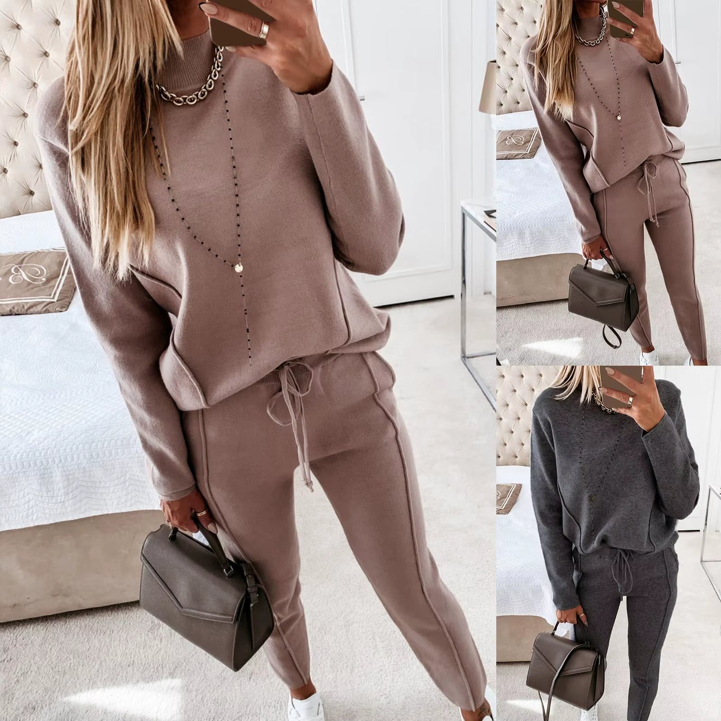 Women'S Tracksuit Two Pieces Autumn Fashion Solid Casual Long Sleeve Pullover Outfits High Waist Bandage Pants Oversized Hoodies