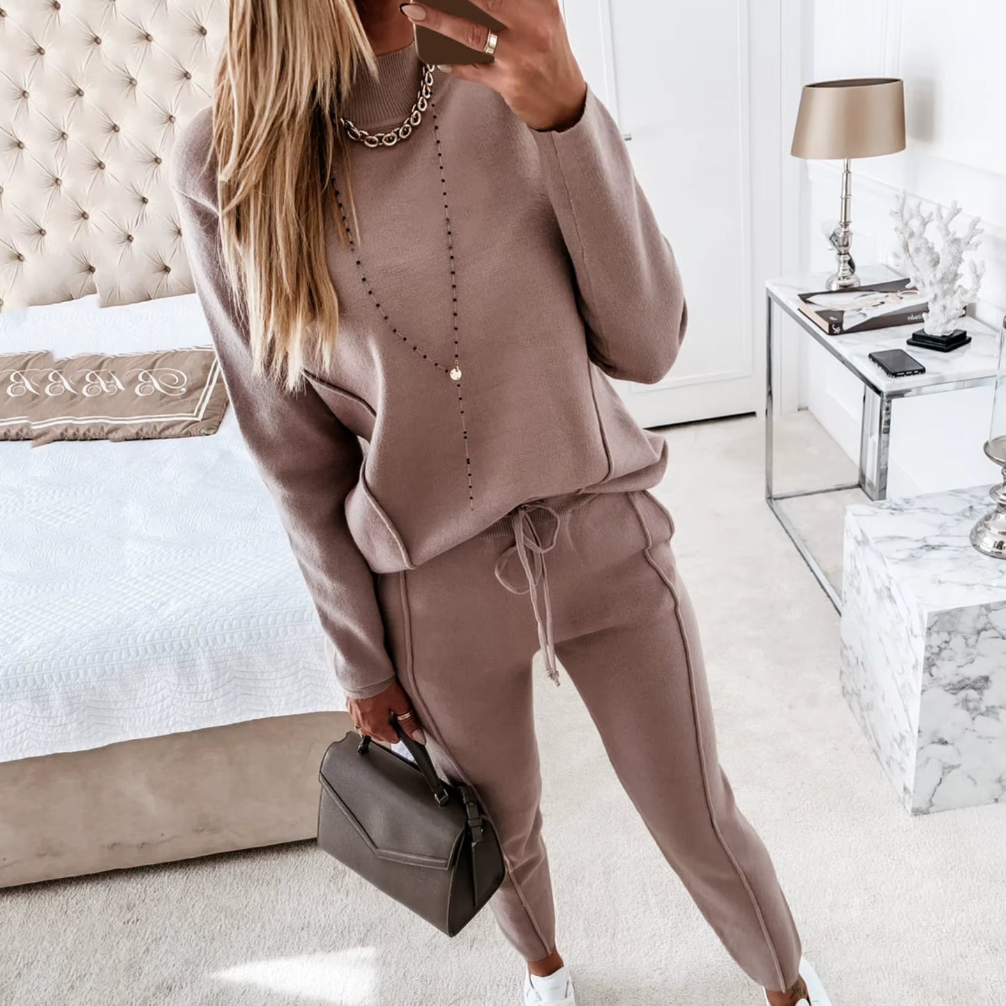 Women'S Tracksuit Two Pieces Autumn Fashion Solid Casual Long Sleeve Pullover Outfits High Waist Bandage Pants Oversized Hoodies