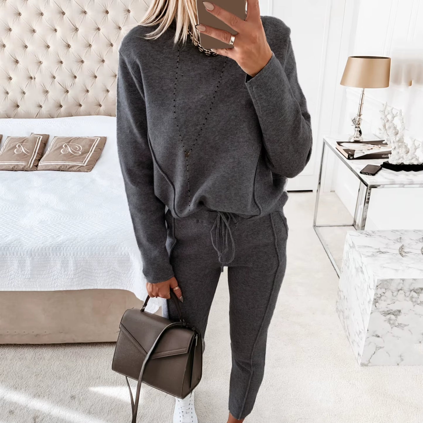 Women'S Tracksuit Two Pieces Autumn Fashion Solid Casual Long Sleeve Pullover Outfits High Waist Bandage Pants Oversized Hoodies