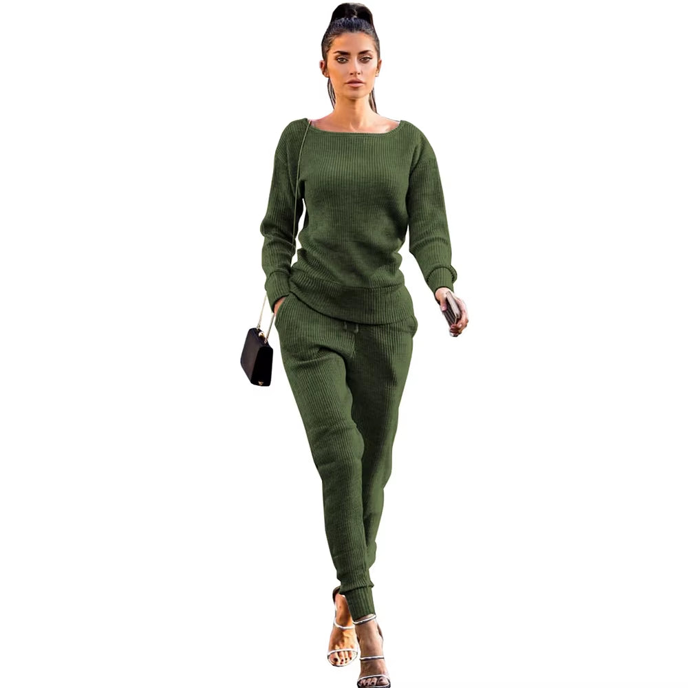 Tracksuit for Women Two Piece Set Knitted Sweater Long Sleeve Pants 2 Piece Set for Women Two Pieces Sets Women'S Suits