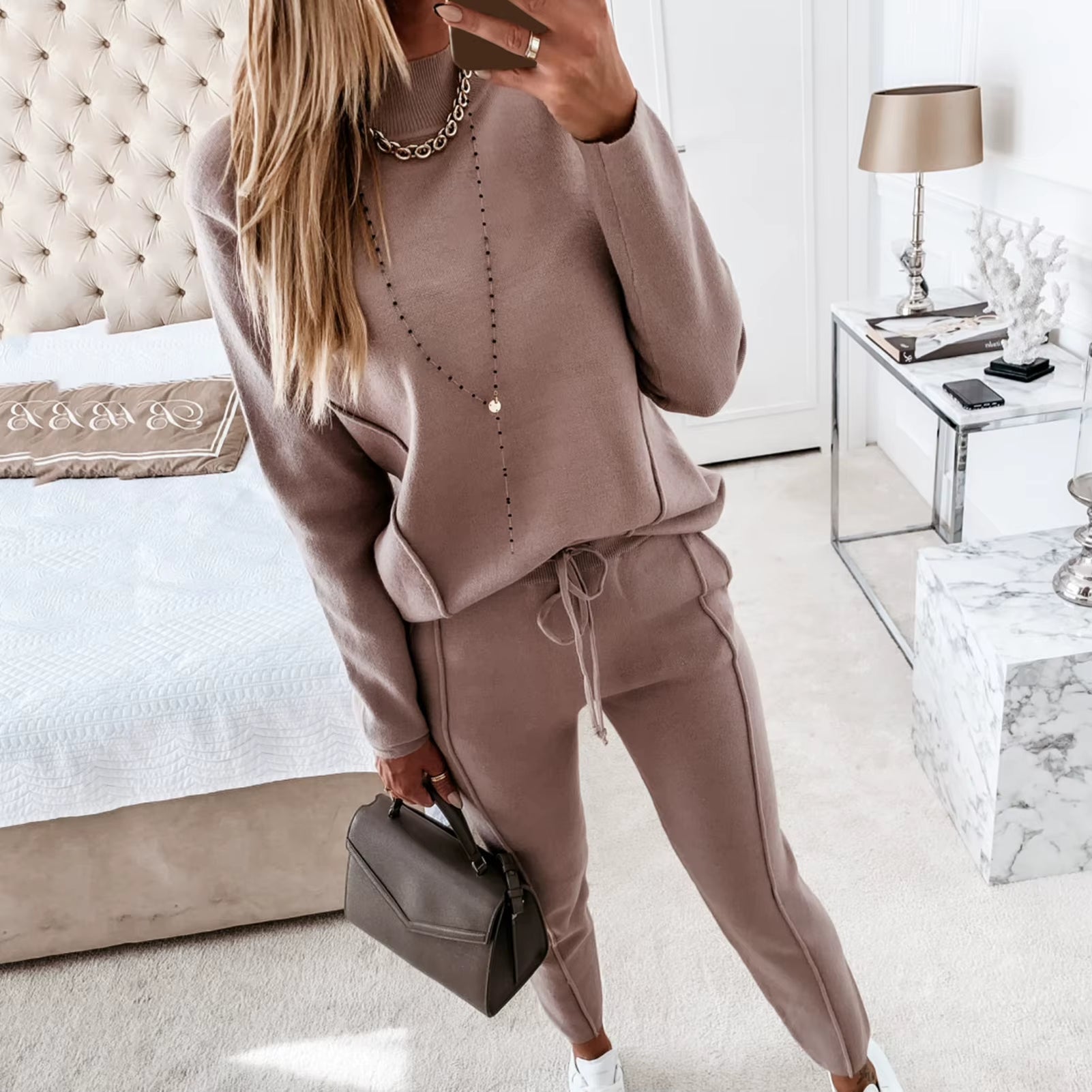 Women'S Tracksuit Two Pieces Autumn Fashion Solid Casual Long Sleeve Pullover Outfits High Waist Bandage Pants Oversized Hoodies