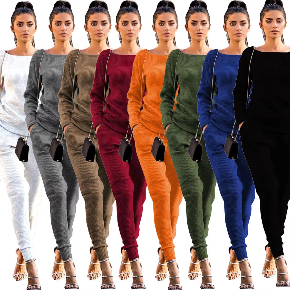 Tracksuit for Women Two Piece Set Knitted Sweater Long Sleeve Pants 2 Piece Set for Women Two Pieces Sets Women'S Suits